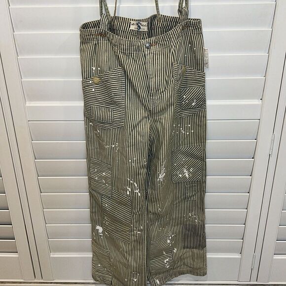 Free People Striped Overalls in Olive and White - Picture 8 of 10